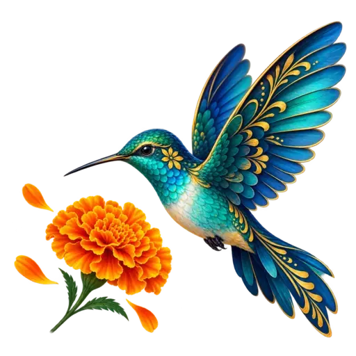 Colibrí aleteando junto a una flor de cempasúchil